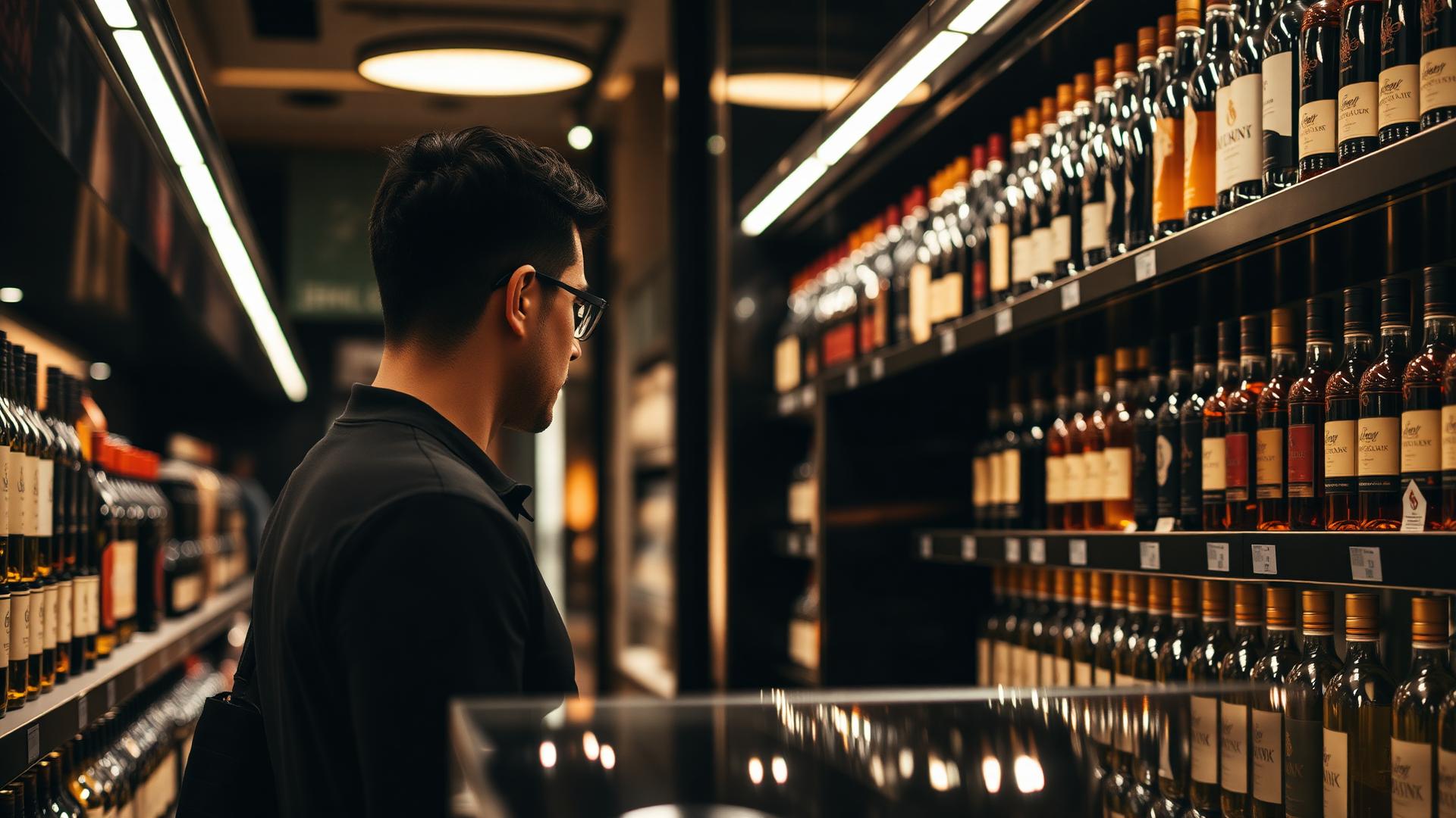 Consumer browsing premium spirits at a modern retail shelf